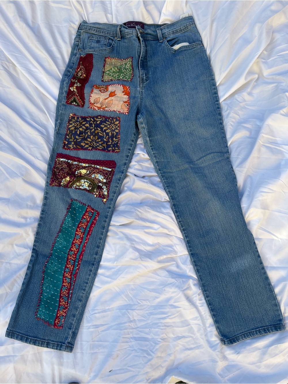 Gloria Vanderbilt OOAK Reworked Kantha Patchwork Straight Jeans Boho